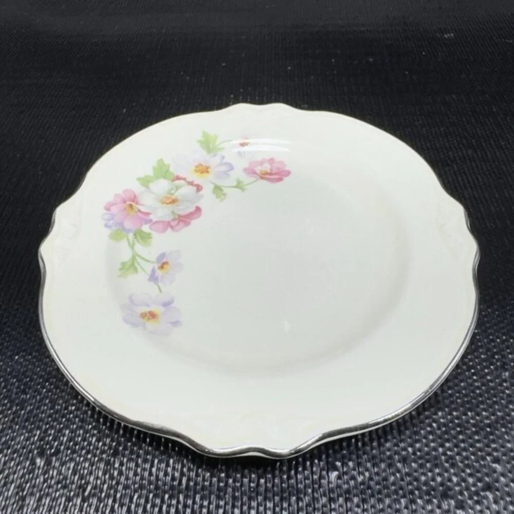 Homer Laughlin Virginia Rose Platinum Trim USA Rose Floral 6inch Plate Dish Set3